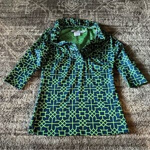 Gretchen Scott RuffNeck Quarter Sleeve Blouse Geometric Print Navy/Green